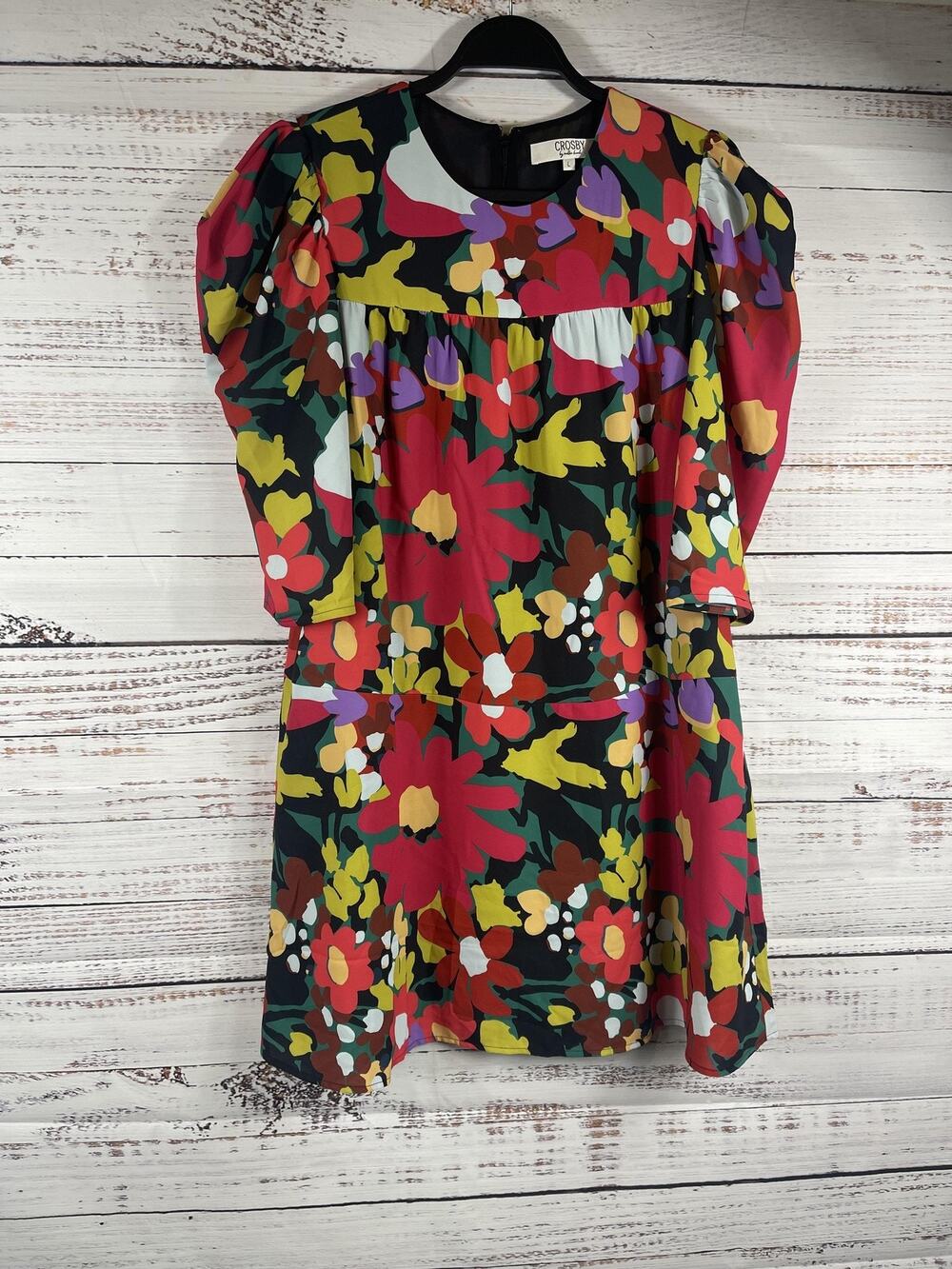 Crosby By Mollie Burch Dress Women's L Multi Floral Puff Sleeve Swing Mini Party